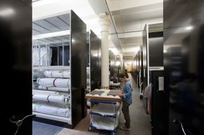Long rows of roller storage cabinets with curator examining materials